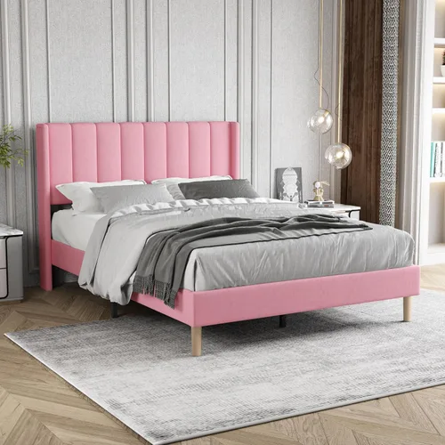 Vista 23 de Base de cama tapizada de tamaño individual con cabecero, listones de madera fuertes, no necesita somier, fácil montaje, terciopelo beige