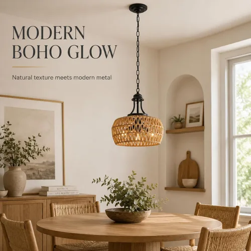 Vista 5 de Lámpara de araña bohemia de granja de 12.6 pulgadas para comedor, lámpara de ratán de 3 luces con pantalla tejida, iluminación colgante costera