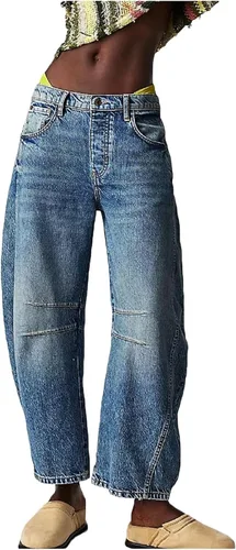 Vista 5 de Jeans de tiro medio para mujer, pierna ancha, cintura media, holgados, Y2K, estilo boyfriend, pantalones de mezclilla estilo harén, pantalones