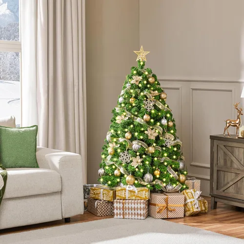 Vista 5 de Yaheetech Árbol de Navidad artificial preiluminado de 4.5 pies con luces blancas cálidas incandescentes, árbol de Navidad preiluminado completo