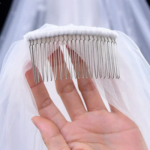 Vista 5 de Ursumy Velo corto de novia con borde de encaje velo suave de tul con peine marfil