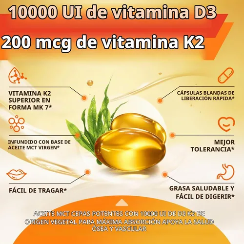 Vista 2 de Vitamina D3 K2 10000 UI con MK7 para la salud ósea, inmune y cardíaca, 250