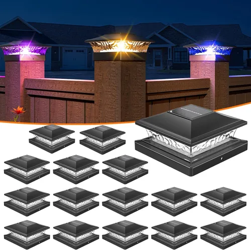 Vista 13 de APONUO - Luces solares para punta de poste con 8 colores RGB sólidos y flujo multicolor - Paquete de 4 luces solares para postes de 6x6, IP65