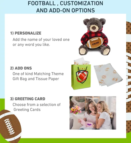 Vista 2 de DolliBu Peluche de oso marrón con felpa de fútbol – Oso súper suave para abrazar con capucha a cuadros rojos, juguete de peluche regalo de vida