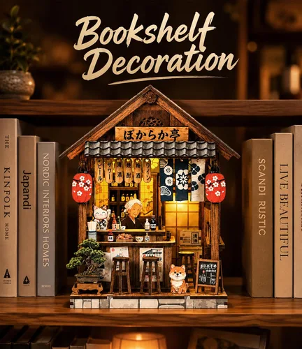 Vista 6 de Kit de rincón de libros, casa en miniatura con luces LED, rompecabezas de madera 3D para adultos, kit de construcción de casa de muñecas, regalo