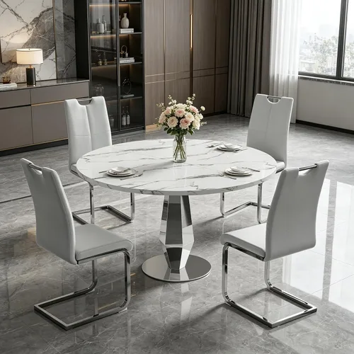 Vista 15 de Henf Mesa de comedor redonda de mármol sintético para 4 a 6 personas, mesa de cocina moderna de oro blanco de 47 pulgadas con base de acero Mesa