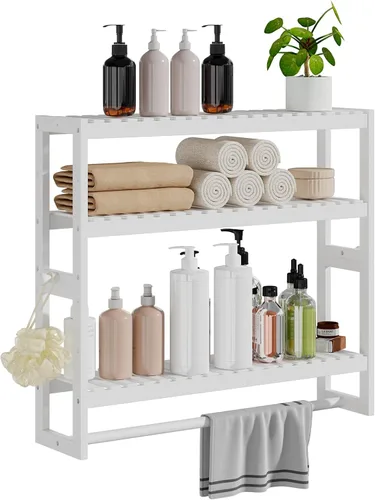 Vista 11 de RRX - Estante organizador de almacenamiento para baño, estante ajustable de 3 niveles, color beige Organizador de bambú para almacenamiento sobre