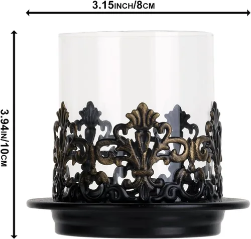 Vista 5 de Portavelas vintage de cristal gótico estilo huracán, base de metal negro con detalles dorados, funda de vidrio transparente, 4.3 x 4 pulgadas, juego