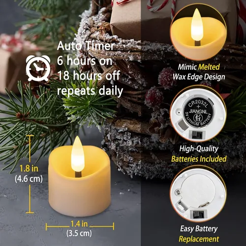 Vista 4 de 12 paquetes de luces de té LED con temporizador, operadas con batería, velas votivas con temporizador sin llama parpadeantes eléctricas, luces de té