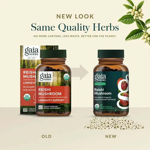 Vista 6 de Gaia Herbs Hongo Reishi: se utiliza tradicionalmente para apoyar un sistema inmunológico saludable y la salud cardíaca, suplemento herbario