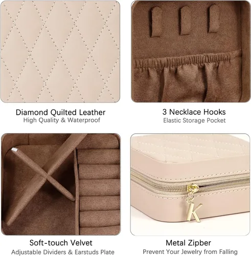 Vista 4 de KAMIER Joyeros pequeños para mujer Joyero portátil de viaje Caja organizadora de joyas de piel sintética para aretes, anillos, collares (beige)