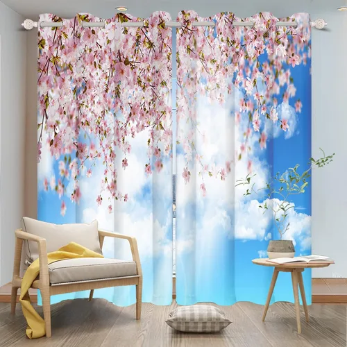 Vista 2 de Renaiss Cortinas de ventana de flores de cerezo japonés, flores de melocotón, cielo azul, nubes blancas, tratamientos de ventana, paisaje natural
