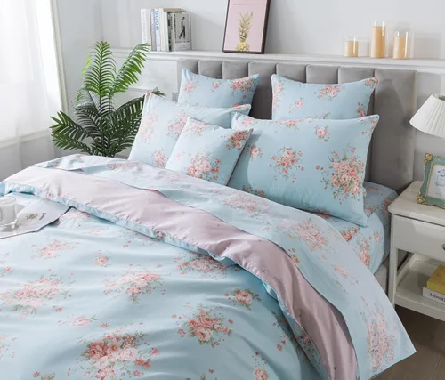 Vista 2 de FADFAY Juego de funda de edredón tamaño individual azul con flores de rosa y peonía, ropa de cama rústica con flores de peonía, juego de funda