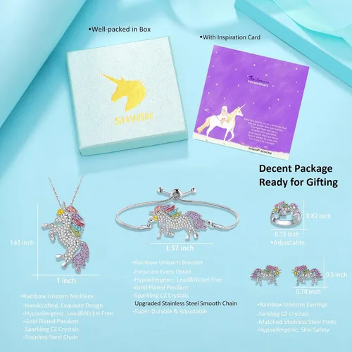 Vista 3 de SHWIN Regalos de unicornios para niñas, joyas para niños, paquete de 2 o 4 unidades, collar de unicornio, pulsera, aretes, anillo de joyería, regalo
