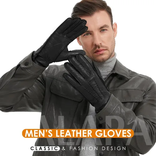 Vista 2 de Guantes de piel de oveja genuina para hombre, guantes de invierno cálidos para pantalla táctil, guantes de motocicleta con forro de cachemira
