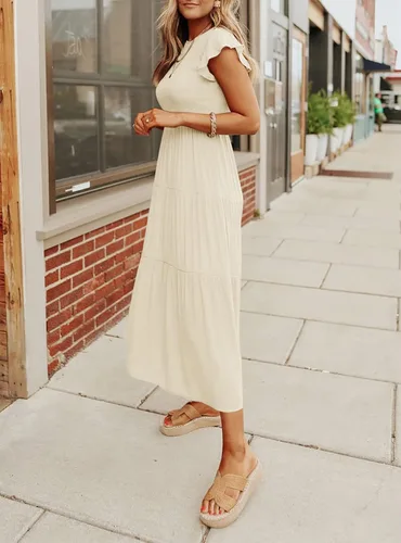 Vista 3 de ZCSIA Vestido midi casual de verano 2024 con volantes, manga corta, cuello redondo, fruncido, escalonado, acampanado, para mujer