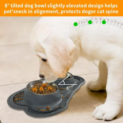 Vista 3 de Juego de cuencos de acero inoxidable para perros con alfombrilla de silicona, 100% impermeable, sin BPA, cuencos de comida para gatos y perros, sin