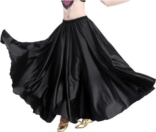 Vista 6 de Indian Trendy Falda de satén para mujer, de círculo completo, para danza del vientre tribal, con movimiento de Halloween Negro