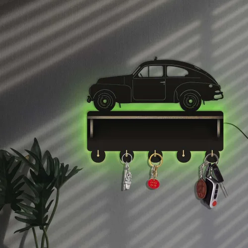 Vista 6 de The Geeky Days Moderno llavero luminoso LED con forma de coche para pared, perchero de madera montado en la pared con estante organizador de medalla