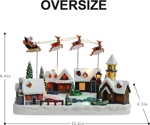 Vista 6 de Aldea de Navidad, coloridas escenas animadas con trineo de renos de Papá Noel, casas musicales de pueblo navideño, edificio coleccionable