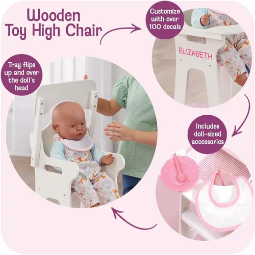 Vista 2 de Silla alta para muñeca con plato, babero y cuchara de la amrca Badger Basket White (se adapta a las muñecas American Girl)