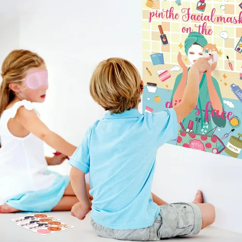 Vista 4 de 38 piezas de juegos de fiesta de spa, pin la máscara facial en la cara de la niña con 36 calcomanías para fiestas de spa para niños y con los ojos