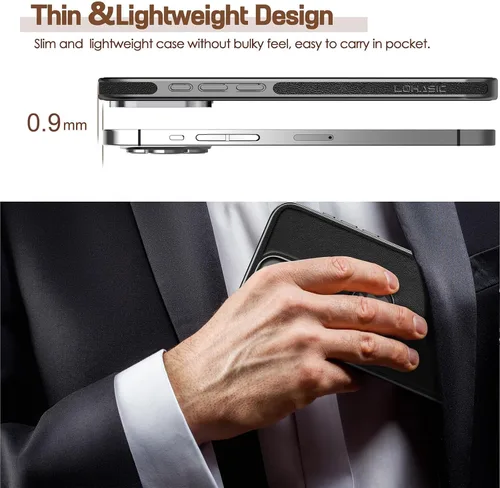 Vista 5 de LOHASIC Funda de cuero para iPhone 15 Pro Max compatible con Magsafe, delgada de lujo de poliuretano suave flexible parachoques agarre