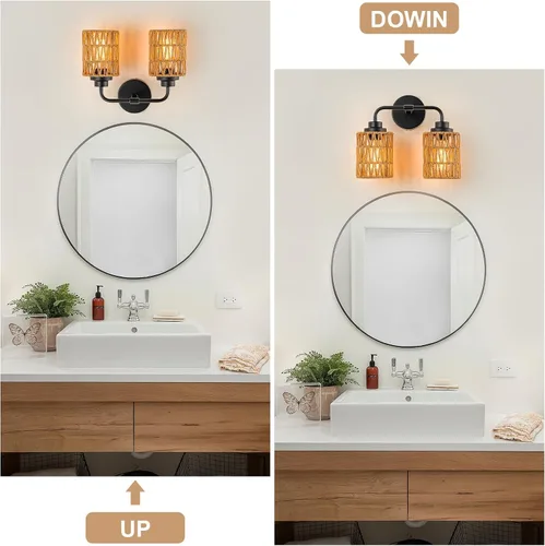 Vista 5 de Lámparas de baño bohemias, luces rústicas de tocador de 2 luces sobre el espejo, iluminación de ratán de granja con persianas tejidas a mano