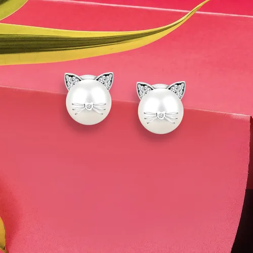 Vista 2 de LeCalla Flaunt Collar con colgante de gato de perlas simuladas de plata de ley 925 para mujer