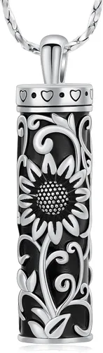 Vista 9 de Imrsanl Collar de urna de cremación cilíndrica para cenizas, urna de girasol, collar con colgante para hombres y mujeres, joyería conmemorativa