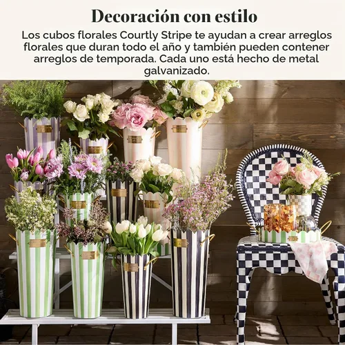Vista 2 de MACKENZIE-CHILDS Juego de cubos de flores galvanizados, cubos de jardín con asas, jarrones al aire libre para decoración de patio, juego de 3, rayas