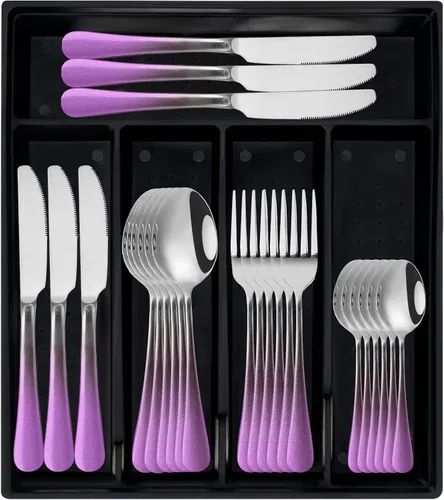 Vista 13 de Juego de cubiertos de 24 piezas con organizador, juego de cubiertos de acero inoxidable resistente para 6, juego de cubiertos rosa con mango