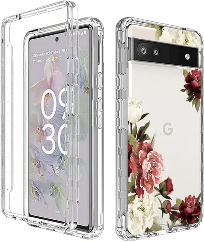 Vista 6 de Funda para Pixel 6A, para Google6A GX7AS con protector de pantalla de vidrio templado, cubierta protectora de cuerpo completo con bonito patrón Flor