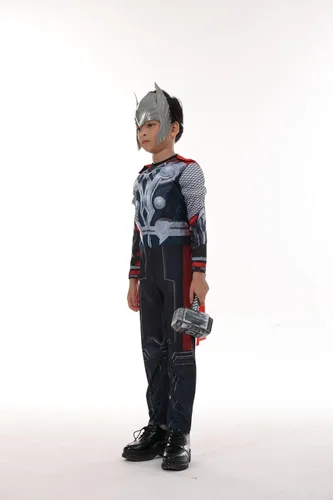 Vista 2 de Disfraz de superhéroe para niños, traje muscular con casco, traje de capa roja, conjunto de 3 piezas para Halloween (sin martillo)