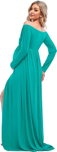 Vista 5 de ZIUMUDY Vestido de maternidad fuera del hombro envuelto para sesión de fotos de manga larga con hendidura lateral Maxi vestido de ducha de bebé