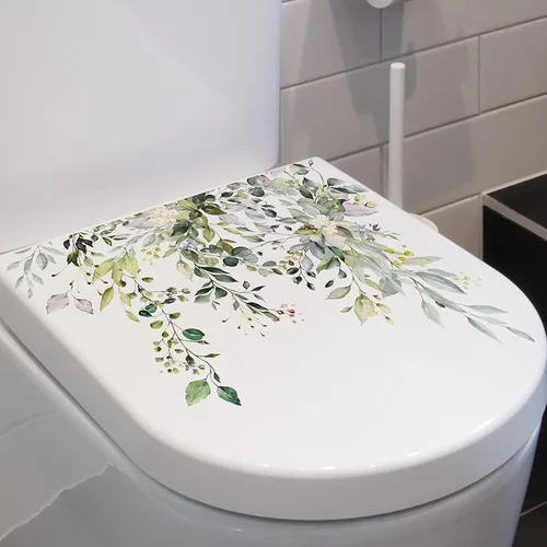 Vista 3 de Calcomanías Autoadhesivas para Tapa de Asiento de Inodoro con Hojas Verdes de Plantas y Flores Calcomanías de Pared para Baño Calcomanías Florales