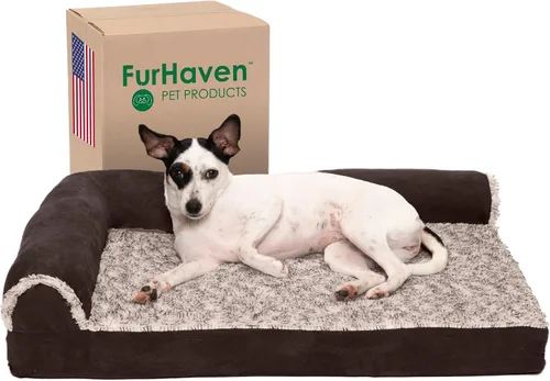Vista 15 de Furhaven - Cama para perro de espuma viscoelástica, estilo diván en forma de L, de felpa y estampado de almendras, almendras azules, talla jumbo
