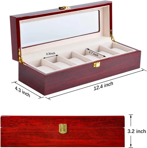 Vista 5 de ywduoying Caja de reloj de madera con 6 ranuras anchas para relojes de madera organizador de almacenamiento caja de reloj vintage roja para hombre