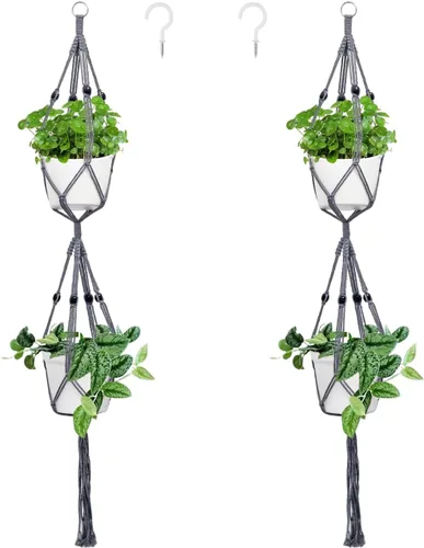 Vista 9 de Belit Paquete de 2 perchas dobles de macramé para plantas, cesta colgante de 2 niveles, cesta decorativa para macetas, cuerda para decoración