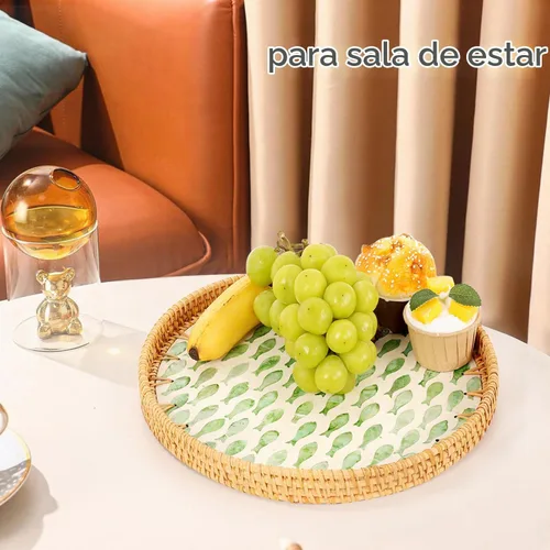 Vista 8 de Bandeja redonda de ratán con incrustaciones de nácar, bandeja de ratán para café, pan, frutas, bandeja decorativa de mimbre para decoración de mesa