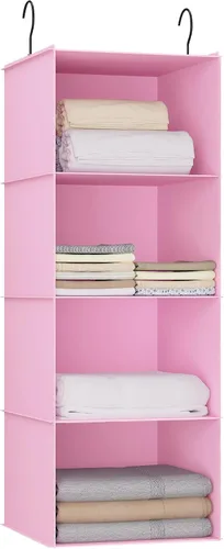 Vista 37 de Organizador colgante para armario y almacenamiento con 3 estantes, estantes colgantes plegables de montaje fácil para guardar ropa, bolsos, zapatos