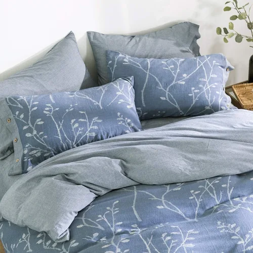 Vista 3 de Juego de funda de edredón tamaño matrimonial/queen, hilo de algodón lavado, jacquard azul y blanco, patrón de ramas gruesas, estilo floral, juego