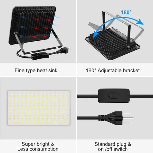 Vista 6 de Luz de inundación LED de 150 W, IP66, impermeable, para exteriores, 15000 lm, 5000 K, luz de trabajo con enchufe e interruptor, luces de seguridad