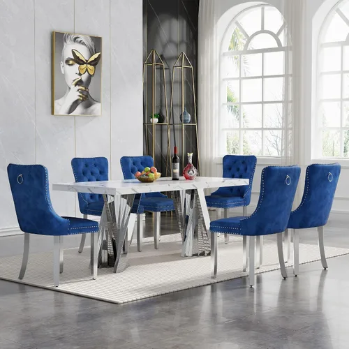Vista 87 de HomVent - Juego de mesa de comedor de mármol sintético de 68 pulgadas con 4 sillas de terciopelo para cocina Modern Rectangular Faux Marble