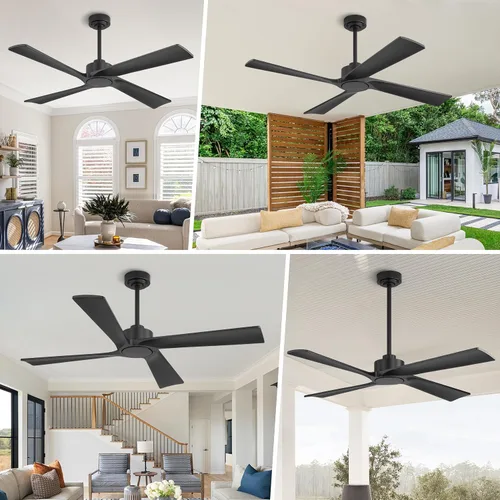 Vista 8 de WINGBO Ventilador de techo CC de 48 pulgadas sin luces, 4 aspas de madera maciza tallada, motor CC reversible de 6 velocidades, ventilador de techo