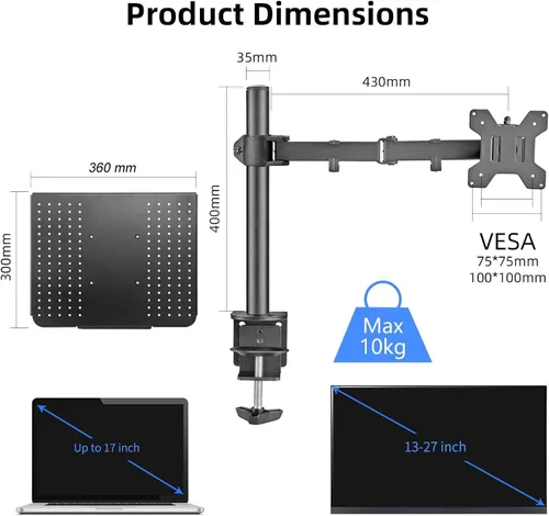 Vista 2 de Suptek Soporte de escritorio para portátil individual con bandeja para pantalla de computadora de 13 a 27 pulgadas, brazo de escritorio
