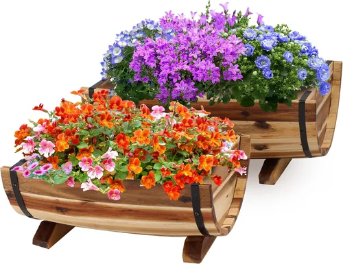 Vista 22 de Juego de 3 cajas de flores de madera para exteriores, macetas de barril de madera de acacia duraderas para plantas al aire libre con asas