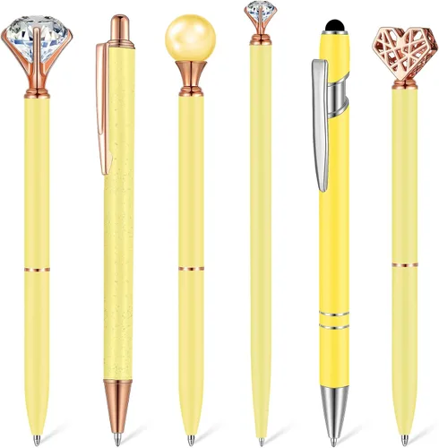 Vista 10 de Qeeenar Juego de 6 bolígrafos de bola de metal con cristales de diamante para diario, bonitos y brillantes, elegantes artículos de papelería, tinta