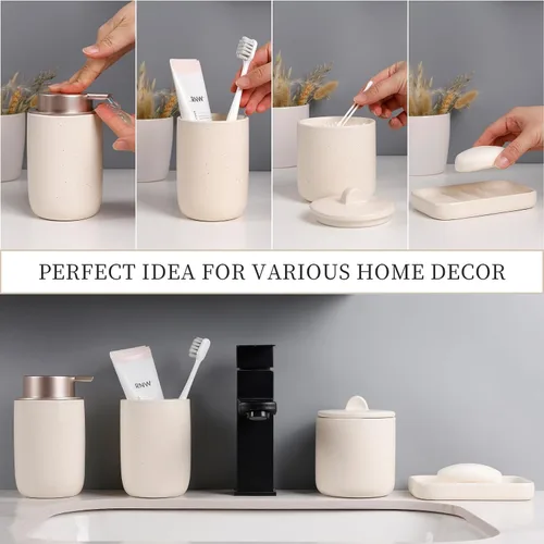 Vista 5 de BosilunLife Juego de accesorios de baño de albaricoque, juego de accesorios de baño de cerámica, dispensador completo de jabón espumoso y soporte