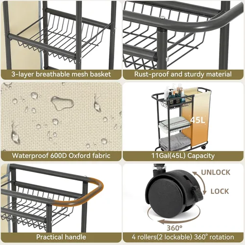 Vista 5 de Carrito de lavandería estrecho de 3 niveles con ruedas 45L para dormitorio Beige